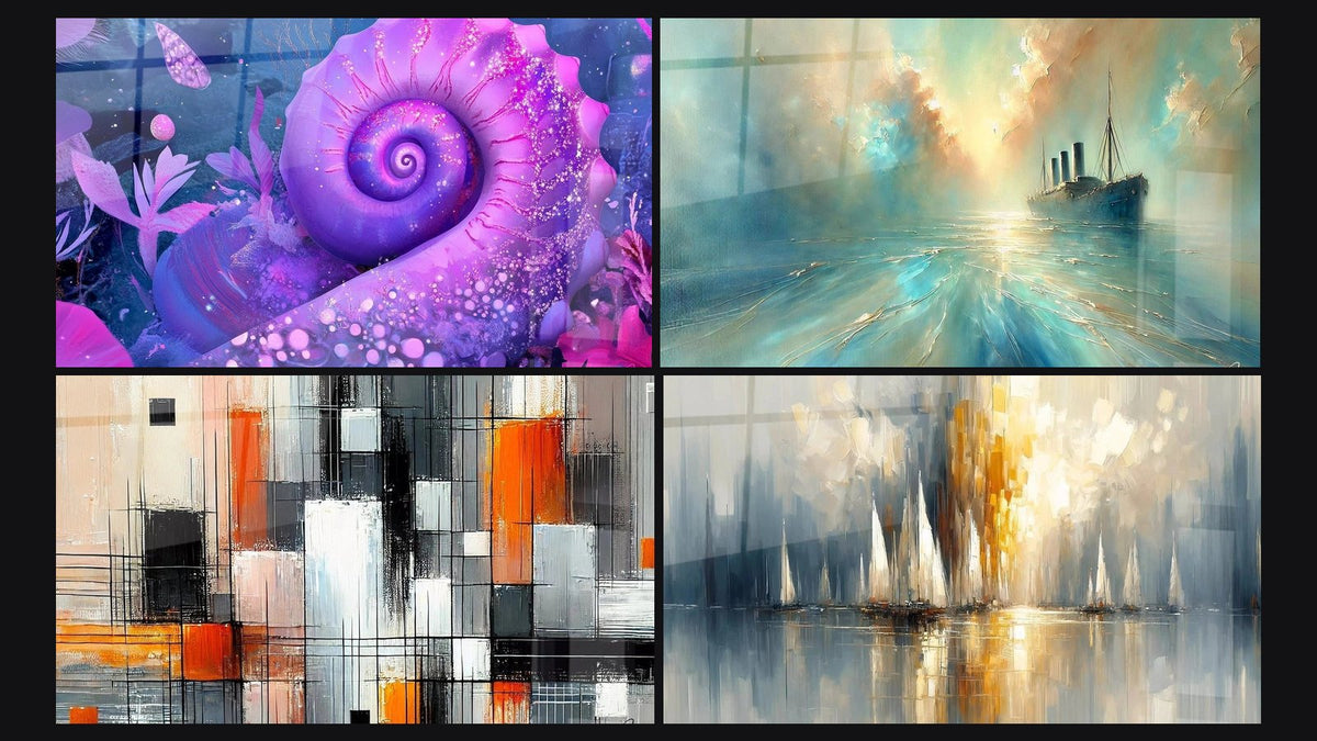 Mosaico di quattro quadri, tra cui Per lumache cosmiche viola, Nel Cuore della Brezza e Meccanica dei Colori