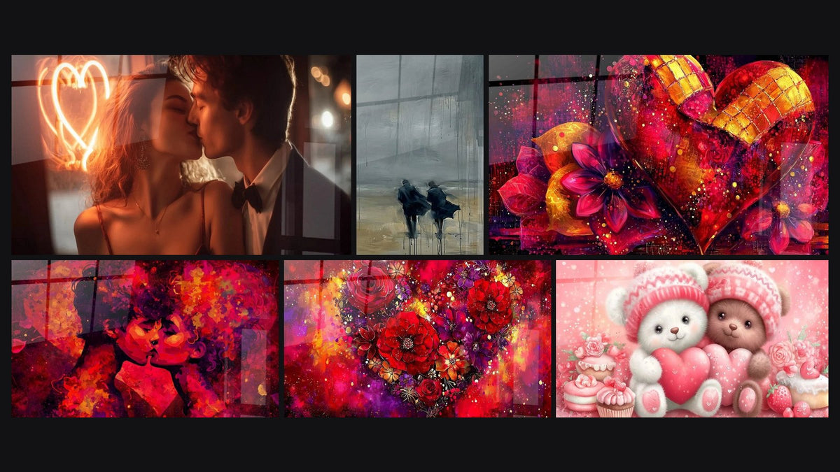 Mosaic of six paintings, including Couple Urban Romance, Silhouettes in the Rain and Mosaic of Love Heart