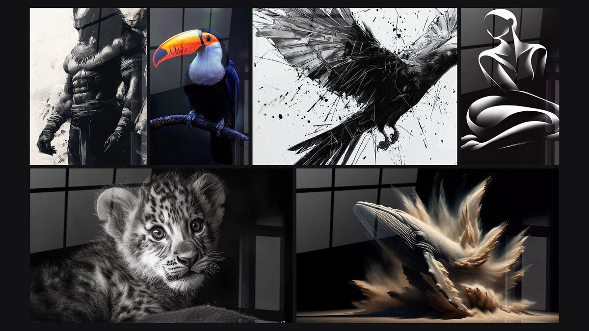 Mosaico di sei quadri, tra cui Anubi N°1, Tucano N°3 e Cucciolo di leone N°2