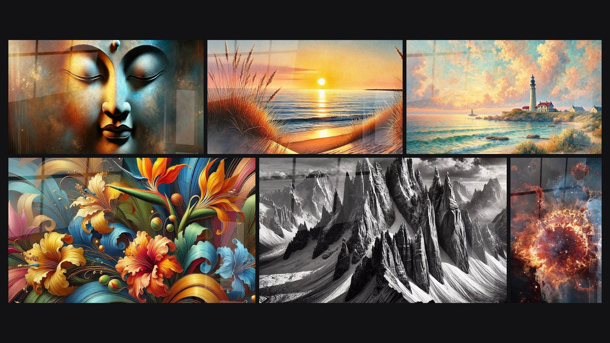 Mosaico di sei quadri, tra cui Luce Interiore, Rapsodia Botanica e Quando il Giorno S'addormenta