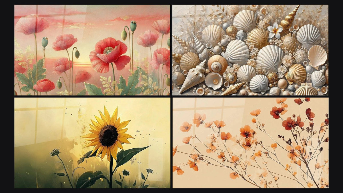 Mosaic of four paintings, including Spring Beauty, Jewels of the Sands and Sunflower Wall Art No. 5