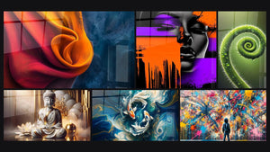 Mosaic of six paintings, including Colorful Modern Woman, Spiral of Life and Marbled Peace