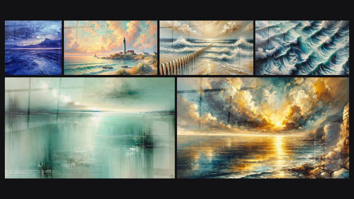 Mosaico di sei quadri, tra cui Tempesta Pacificata, Alba sul Faro e Riflessi di Giada