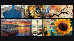 Mosaico de seis cuadros, entre ellos Agujero de agua rocoso, Remolino energético y Puerto N°3