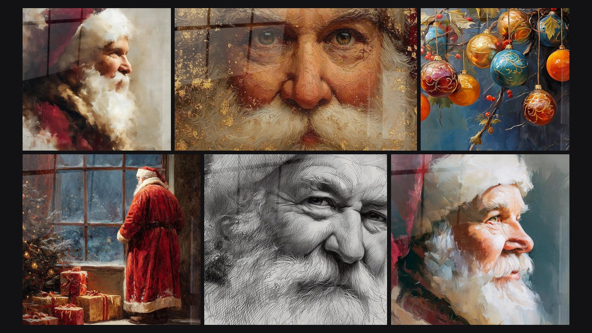 Mozaïek van zes schilderijen, waaronder De Kerstman, een magisch moment en Betoverende Kerstman van de Heilige Nacht
