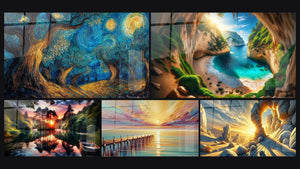 Mosaic of five paintings, including Cosmic Tree and Beautiful Escape in Lost Paradise