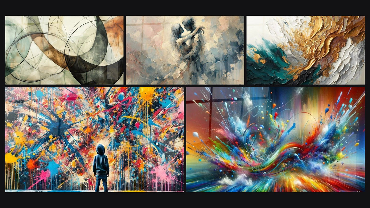 Mosaïque de cinq tableaux, dont Les Liens Invisibles, Éclats de Peinture et Entre Nous