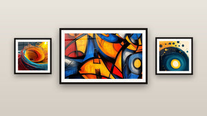 Gallery wall with three framed paintings, including Blue and Orange Cosmic Spiral and Liquid multicolored spiral