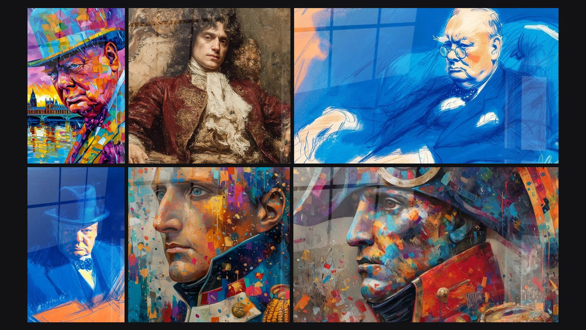 Mosaik aus sechs Gemälden, darunter Winston Churchill Aurore Kubistisch und Napoleon Pixel-Sturm