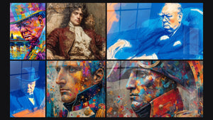 Mosaic of six paintings, including Winston Churchill Cubist Dawn, Winston Churchill Ocean Blue Gaze and Deep Blue Portrait