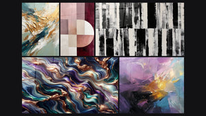 Mosaic of five paintings, including Golden Flux and Reflux, Serenade Mineral Abstract and Abstract colorful explosion