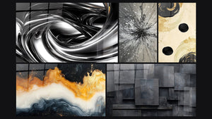 Mosaic of five paintings, including Metallic Whirlpool, Black Sphere Balance and Eternal Golden Tide