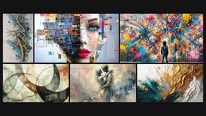 Mosaic of six paintings, including Golden Calligraphy, Fragmented Digital Woman and The Invisible Bonds