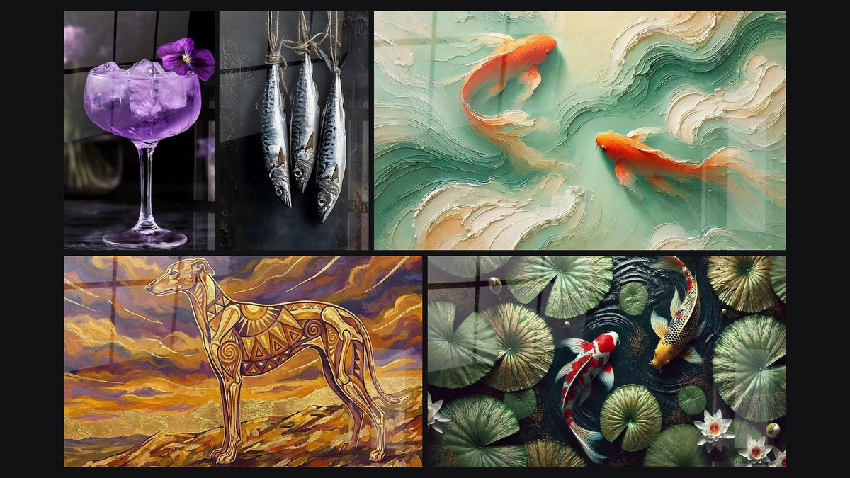 Mosaico di cinque quadri, tra cui Pesce N°3, Sotto le Foglie, una Poesia e Koi in Simbiosi
