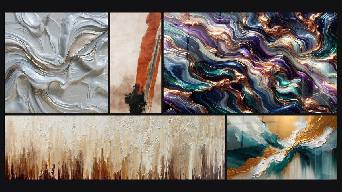Mosaico de cinco cuadros, entre ellos Luz de las Profundidades y Serenata Mineral