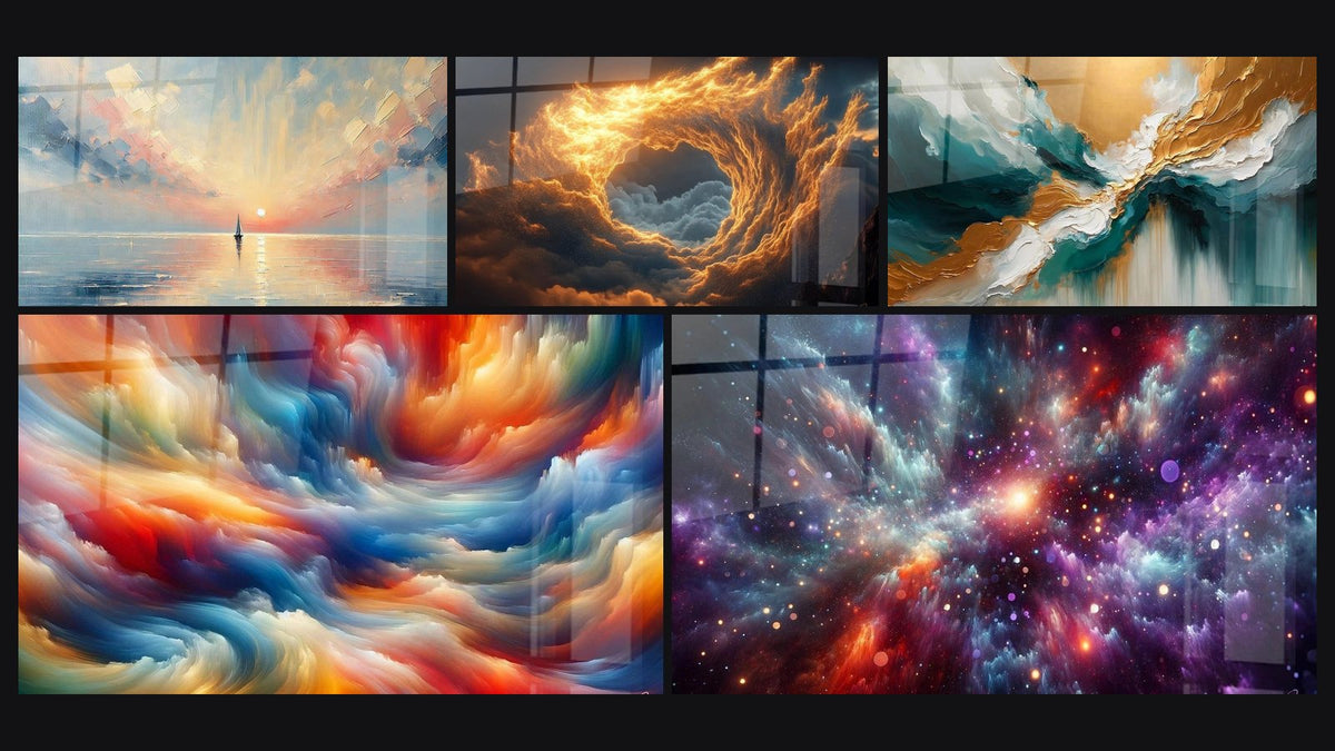 Mosaico de cinco cuadros, entre ellos Sol de los Últimos Instantes, Espiral de fuego dorado y Sinfonía de Colores en Fusión