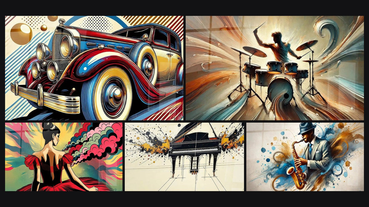 Mosaico di cinque quadri, tra cui Sfolgorio Pop, Pianoforte N°1 e Batteria N°1