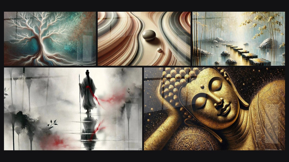 Mosaic of five paintings, including Ephemeral Harmony, Lines and Perspectives and The Path of Awakening