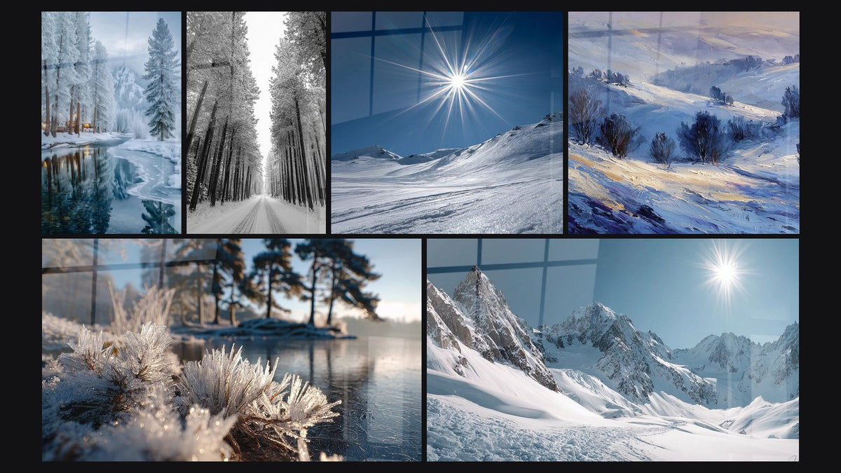 Mosaico di sei quadri, tra cui Paesaggio invernale Scrigno Polare, Percorso forestale innevato e Paesaggio innevato