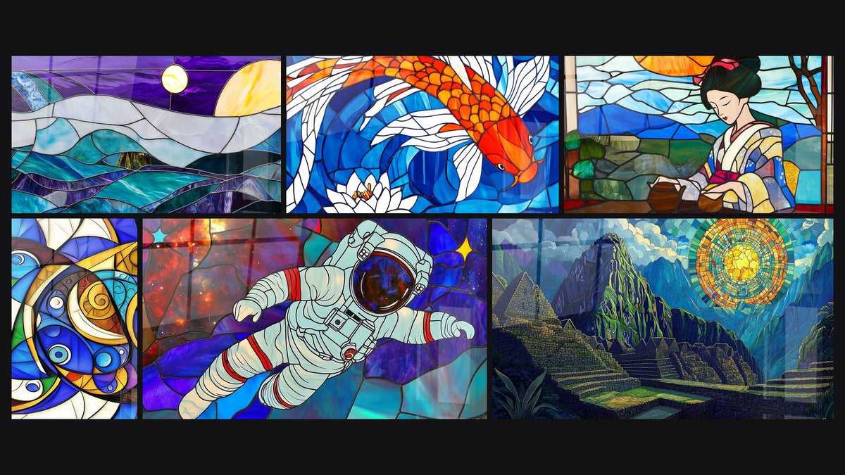 Mosaico di sei quadri, tra cui Melodia dei Mari, Armonia Giapponese e Cerimonia del Tè