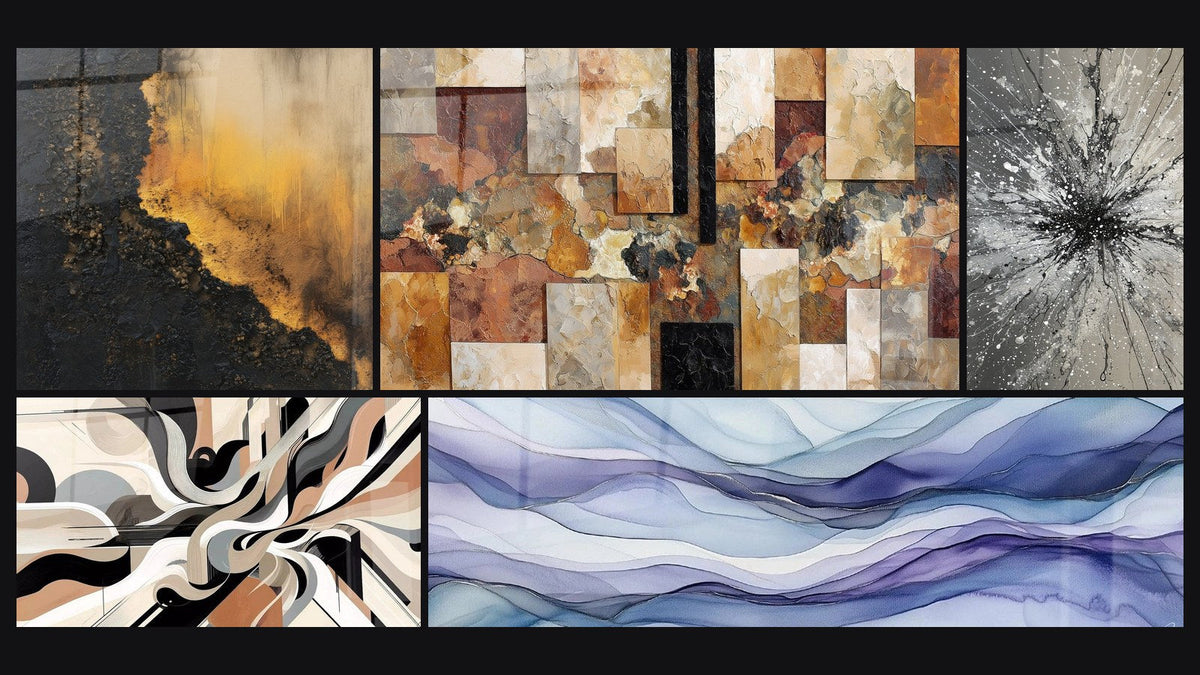 Mosaico de cinco cuadros, entre ellos Vibraciones Gráficas y Manteles Oníricos Pervenche