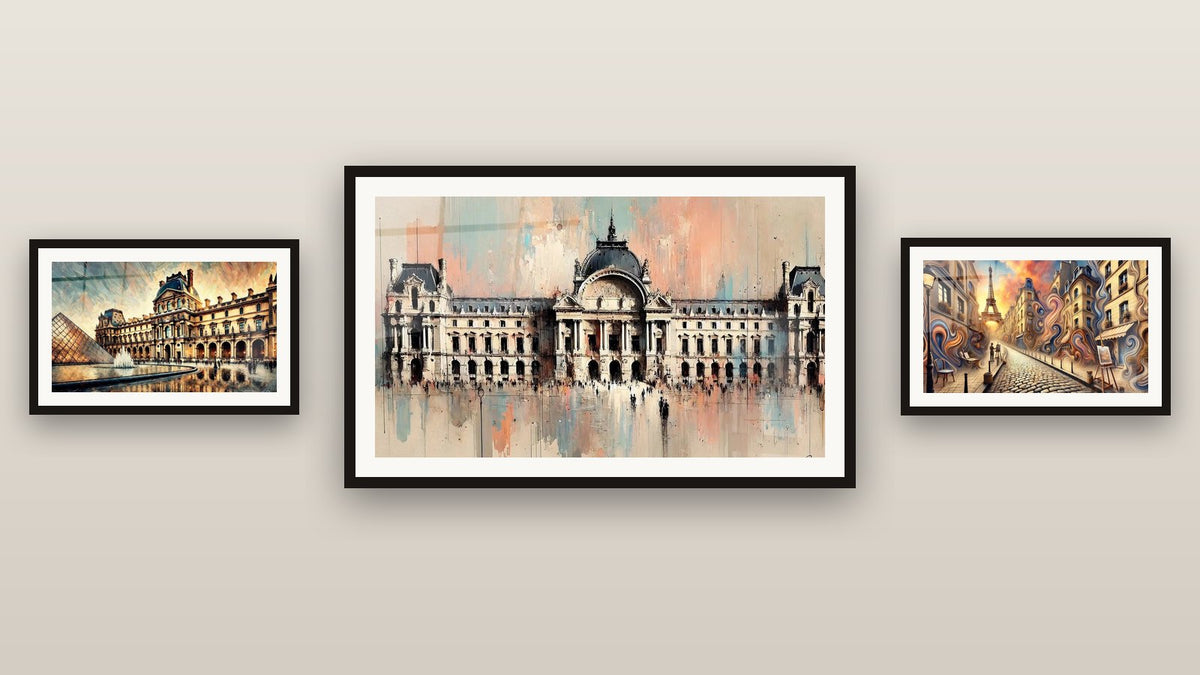 Gallery wall with three framed paintings, including Paris Wall Art No. 3