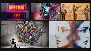 Mosaic of five paintings, including Retro Cinema, Street Art Wall Art No. 1 and The Urban Spirit