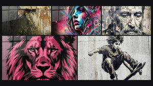Mosaic of five paintings, including Shadow Hunter, Street Art Wall Art No. 1 and Fuchsia pink lion with violet tones