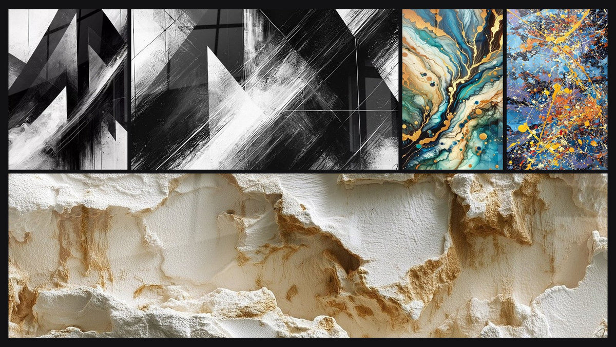 Mosaik aus fünf Gemälden, darunter Zerbrochene Trajektorien, Konvergenzpunkte und Labyrinth Mineralien