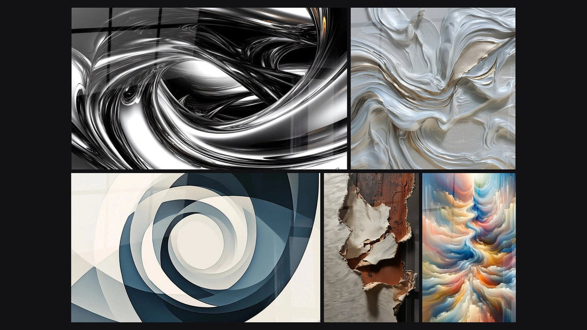 Mosaico di cinque quadri, tra cui Tourbillon metallico, Astratto vortici bianco madreperla e oro e Vortex Azzurro