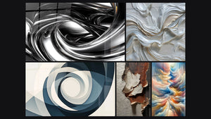 Mosaic of five paintings, including Metallic Whirlpool, Abstract swirls white pearlescent and gold and Vortex Azure