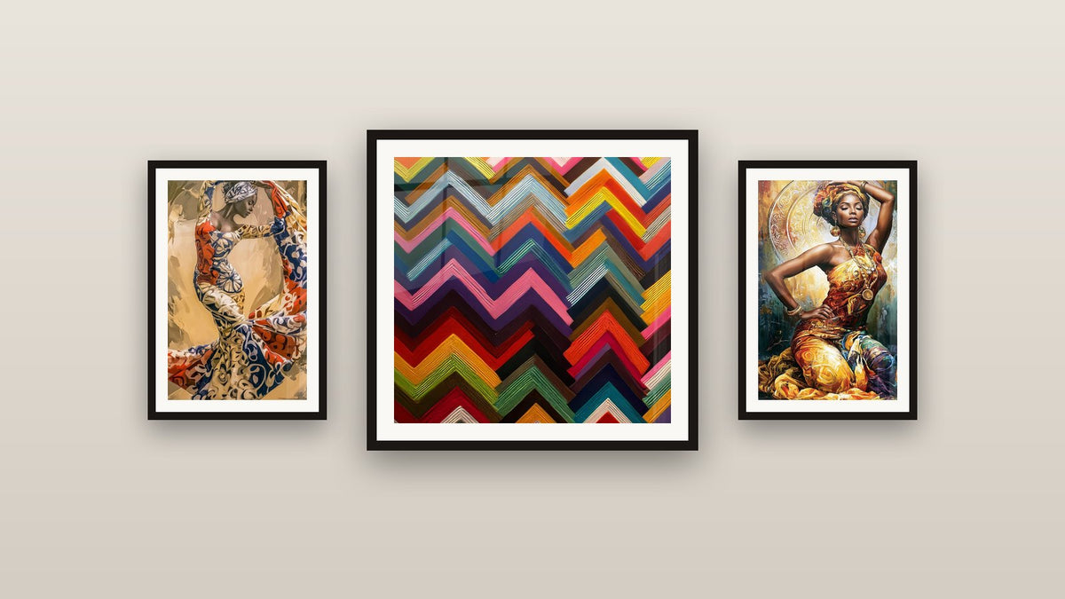Gallery wall with three framed paintings, including Chevron Geometric Patterns and Golden Dancer with Adorned Turban