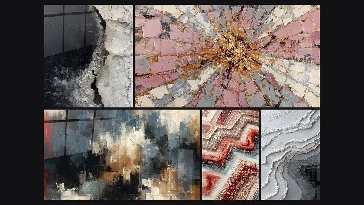 Mosaïque de cinq tableaux, dont Chaos Organisé, Fusion Géométrique et Explosion Rose et Or à Centre Rayonnant