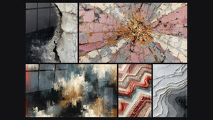 Mosaic of five paintings, including Abstract Black White Gray Cracked Textured, Organized Chaos and Geometric Fusion