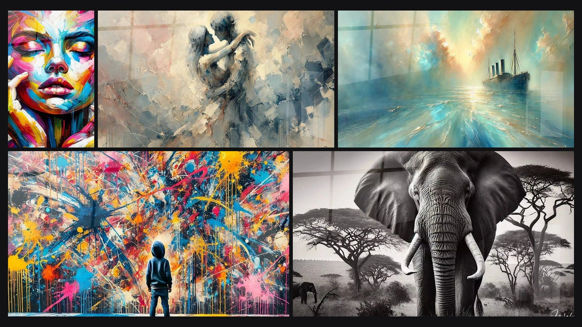 Mosaico de cinco cuadros, entre ellos Resplandor Vintage, Explosiones y Entre Nosotros