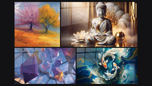 Mosaic of four paintings, including Two Autumn Trees, Geometric Crystals and Marbled Peace