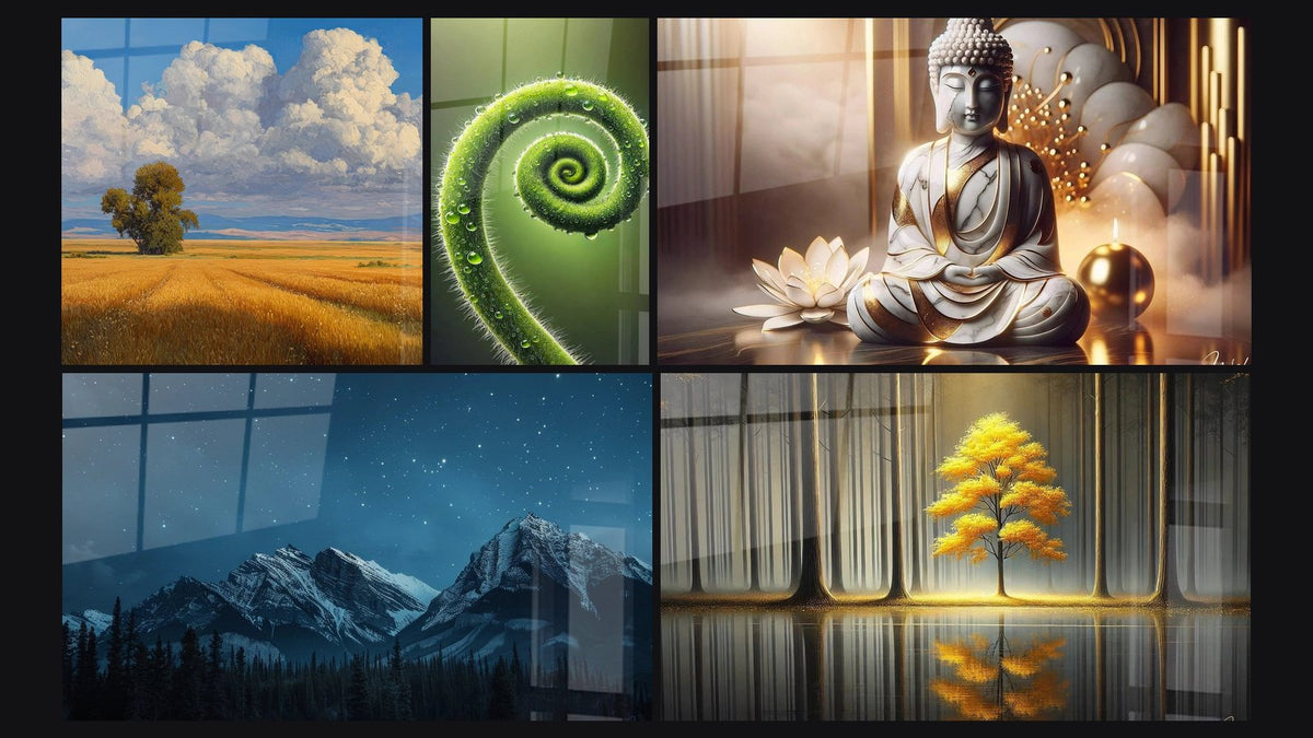 Mosaic of five paintings, including Rural Landscape, Snow-Covered Mountain and Eternal Tranquility