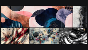 Mosaic of five paintings, including Undulating Symbiosis Coral, Artistic Turbulence and Abstract Geometric Composition
