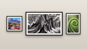 Gallery wall with three framed paintings: In the Shadow of Giants, Provençal landscape and Spiral of Life