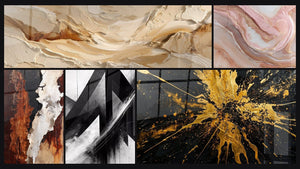 Mosaic of five paintings, including Fractured Trajectories