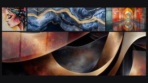 Mosaic of four paintings, including Colored woman profile, Liquid Marble Eternity Blue and Sinuosities Meditation Ochre