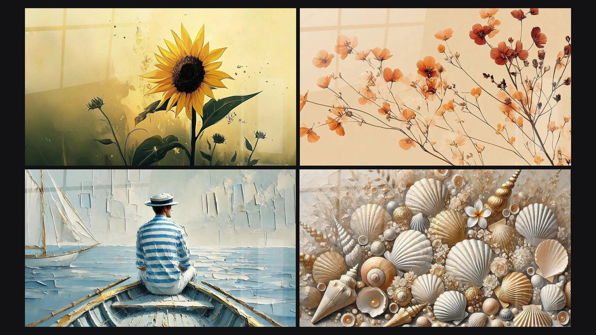 Mosaico de cuatro cuadros, entre ellos Girasol N°5, Terracota N°10 y El Arte del Agua