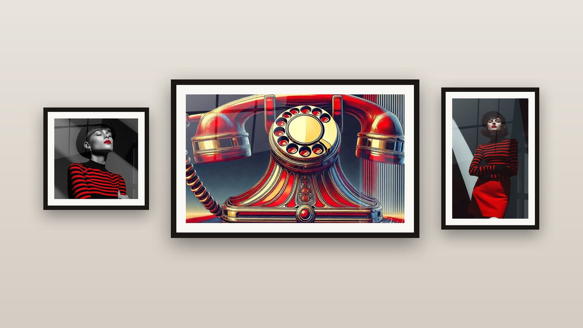 Gallery wall with three framed paintings, including Vintage Call and Woman with Black Hat and Red Stripes