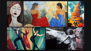 Mosaïque de cinq tableaux, dont Inspiré par Tête de Amedeo Modigliani N°1