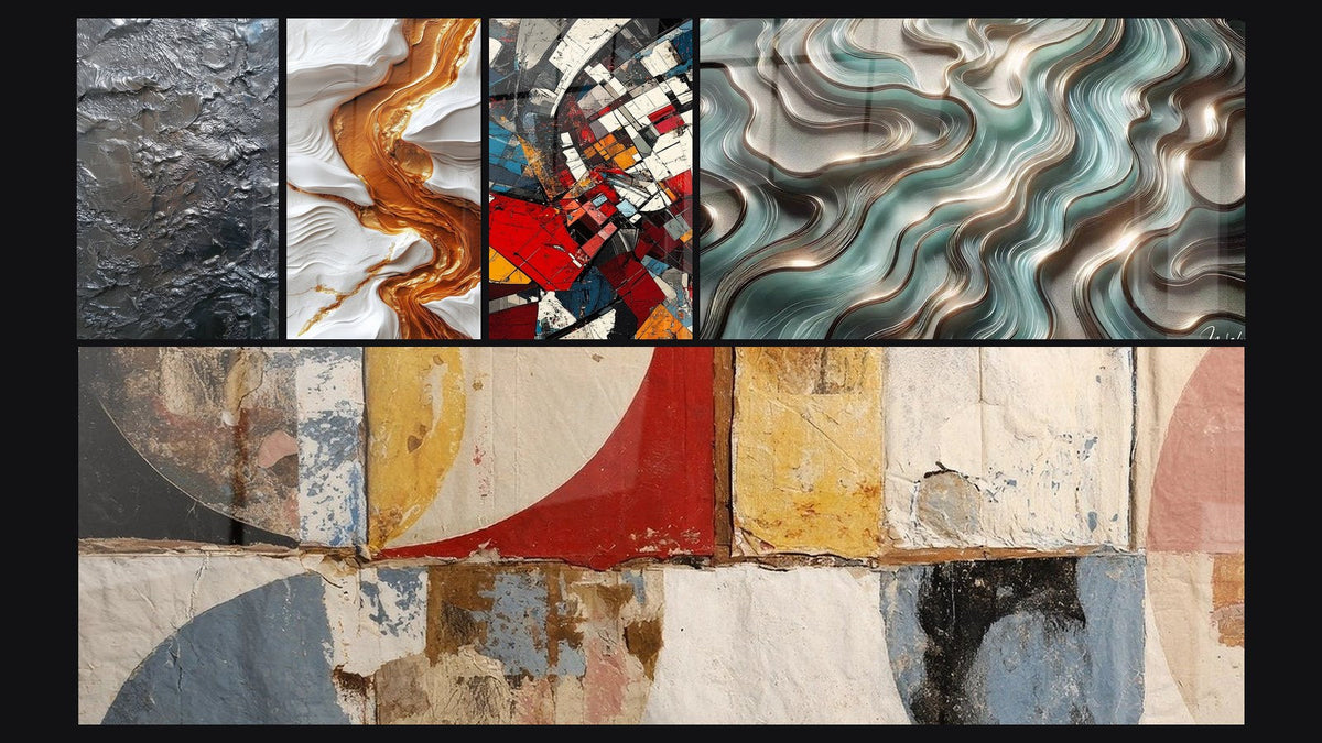 Mosaïque de cinq tableaux, dont Révolution Architecturale Moderne, Courbes Éthérées et Formes géométriques abstraites