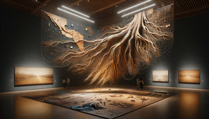 Installation d'art contemporain montrant un système racinaire d'arbre suspendu symbolisant l'ancrage identitaire et les origines culturelles