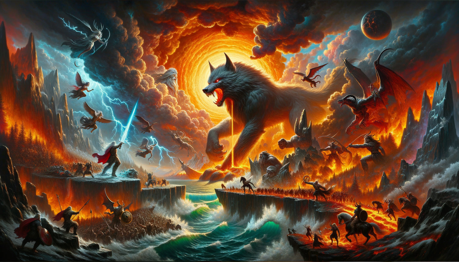 Peinture grand format du Ragnarök nordique sur châssis galerie, scène apocalyptique épique avec dieux et géants