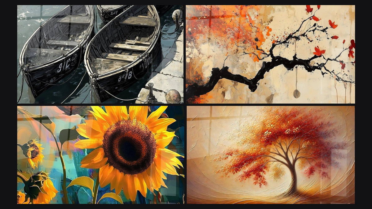 Mosaic of four paintings, including Terracotta Wall Art No.4, Sunflower Wall Art No. 1 and Tree of Life Zen Dance of Seasons