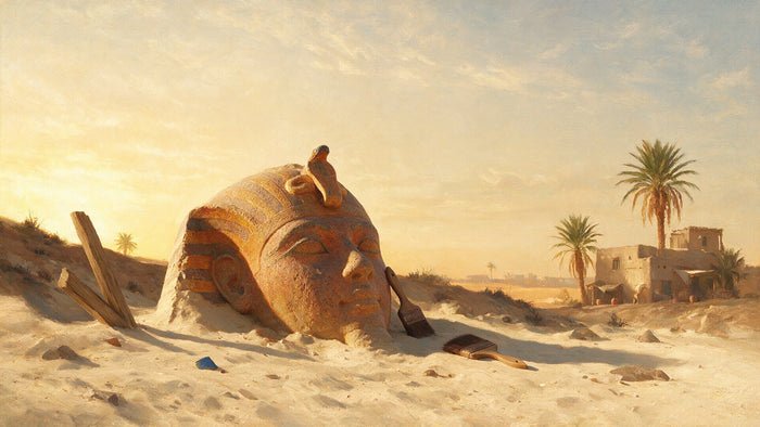 Une grande tête de pierre en granit à demi dégagée du sable sur un chantier de fouilles, avec des palmiers au fond