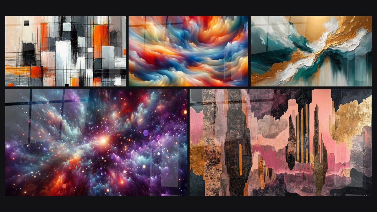 Mosaic of five paintings, including Mechanics of Colors, Symphony of Colors in Fusion and Intergalactic Luminous Orchestra